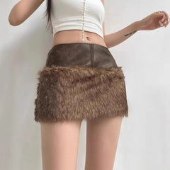 Brown Faux Fur Crop Coat With Patchwork Mini Skirt