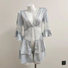 Long Sleeve Lace Mesh Tie Up Top Loungewear