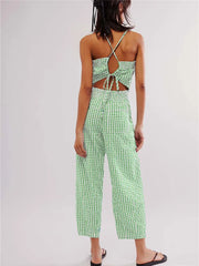 Wide Leg Plaid Spaghetti Strap Jumpsuit