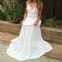 White Printed Lace Patchwork Maxi Dress