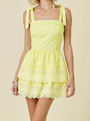 Lace Eyelet Layered Tie Up Mini Dress