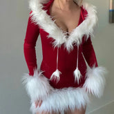 Christmas Red Velvet Fur Trim Long Sleeve Mini Hooded Dress