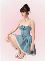 Blue Flower Applique Polka Dot Boned Corset Ruffle Mini Dress