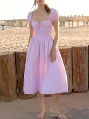 Striped Short Sleeve Ruched Bow Midi Dress