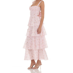 Flower Print Tiered Back Tie Up Maxi Dress