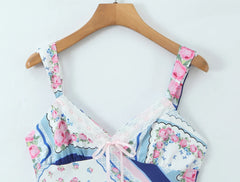 Blue Floral Print Lace Bow Mini Sling Dress