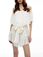 White Lace Off-Shoulder Tie Up Frill Mini Dress
