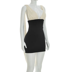 Contrast Black Deep V-Neck Draped Sleeve Bodycon Mini Dress