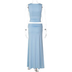 Deep V-Neck Sleeveless Ruched Top And Long Skirt Set