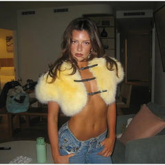 Cropped Faux Fur Lace Up Jacket