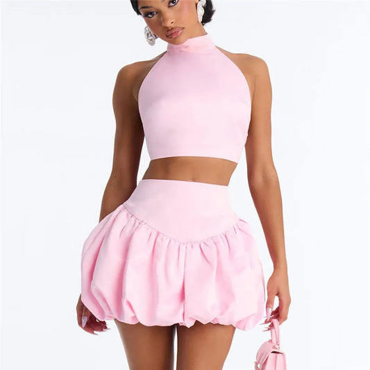 Halter Back Bow Crop Top And Bubble Mini Skirt Set