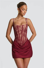 Lace Corset Square Neck Ruched Satin Bodycon Short Dress