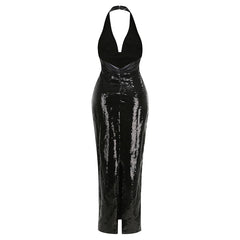 Black Sequin Halter V-Neck Pleated Satin Patchwork Maxi Dress