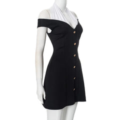 Black and White Halterneck Gold Button Mini Dress