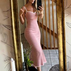 Pink Ribbed Contrast Trim Long Dress