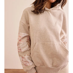 Floral Embroidered Patchwork Sleeve Hoodie Sweatshirt