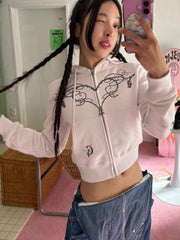 Vine And Heart Graphic Crop Zip-Up Hoodie