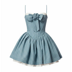 Blue Flower Applique Polka Dot Boned Corset Ruffle Mini Dress
