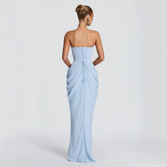Pleated Waist Corset Strapless Lace Up Maxi Dress