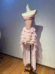 Pink Diamond Lace Up Corset Ruffle Tiered Midi Dress