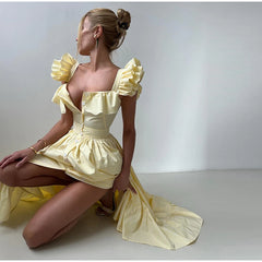 Ruffles Striped Square Collar Buttoned Long Dress