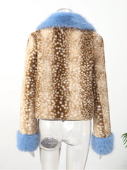 Deer Print Blue Faux Fur Cropped Jacket