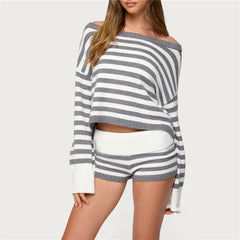 Stripe Knitted Long Sleeve Off-shoulder Pullovers And Shorts Set