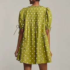 Bow Tied Short Puff Sleeve Square Neck Loose Mini Dress