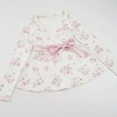 White Babydoll Pink Ribbon Floral Print Long Sleeve Top