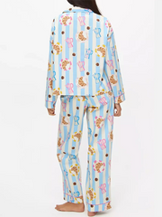 Blue Stripe Long Sleeve Pattern Print Shirt And Wide Leg Pants Sleepwear Set