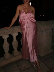 Pink Satin Drape Style Maxi Dress