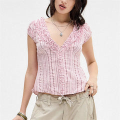 Ruffle V-Neck Short Sleeve Stripes Print Blouse