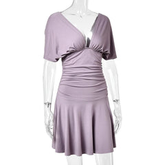Deep V-neck Short Sleeve Solid Ruched Mini Dress