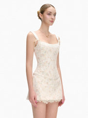 Printed Strap Lace-up Top And Mini Floral Bow Skirt Set
