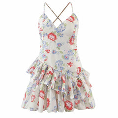 White Floral Print Spaghetti Strap Mini Dress