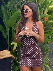 Brown Polka Dot Ruched Neck Mini Dress