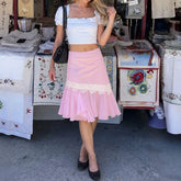 Pink Irregular Frill Hem Lace Trim Midi Skirt
