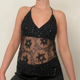 Sequin Mesh Embroidered Open Back Top