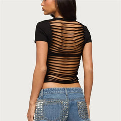 Back Cut Out Shredded Short Sleeve Crop T-Shirt