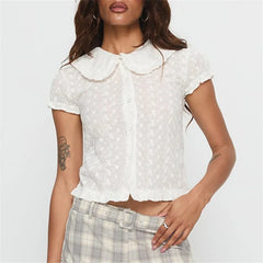White Puff Short Sleeve Doll Collar Blouse