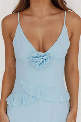 Spaghetti Strap 3D Rose V Neck Ruffle Maxi Dress