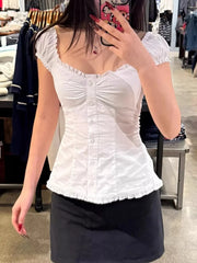 Ruffle Hem Short Sleeve Button Up Top