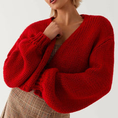 Knitted Short Lantern Sleeve Open Front Cardigan