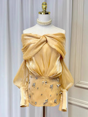 Yellow Diamonds Off-shoulder Long Sleeve Sheer Mini Dress