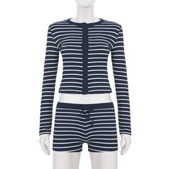 Blue Striped Long-Sleeved Top And Short Set
