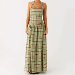 Green Plaid Halter Maxi Dress