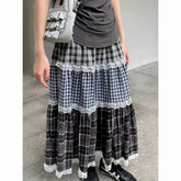 Women's patchwork lace plaid high waist long skirt with A-line silhouette.