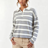 Grey Stripe Lapel Collar Long Sleeve Knit Top
