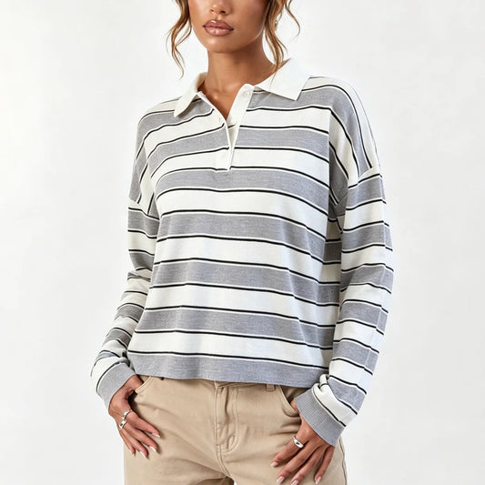 Grey Stripe Lapel Collar Long Sleeve Knit Top