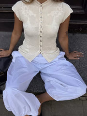 Knitted Short Sleeve Doily Round Neck Top